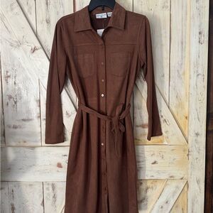 Kathy Ireland Chocolate Brown Faux Suède Midi Shirt Dress Long Sleeve Belted New